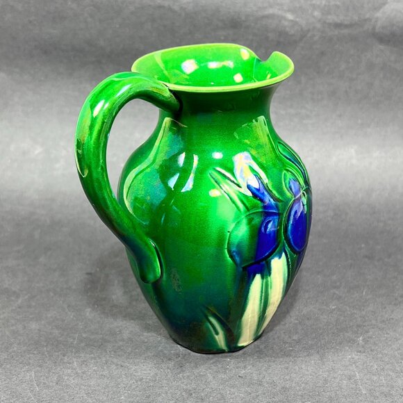 Antique Awaji Pottery Blue White Iris Green Pitcher Awaji Ware Glazed Japan - Picture 4 of 16